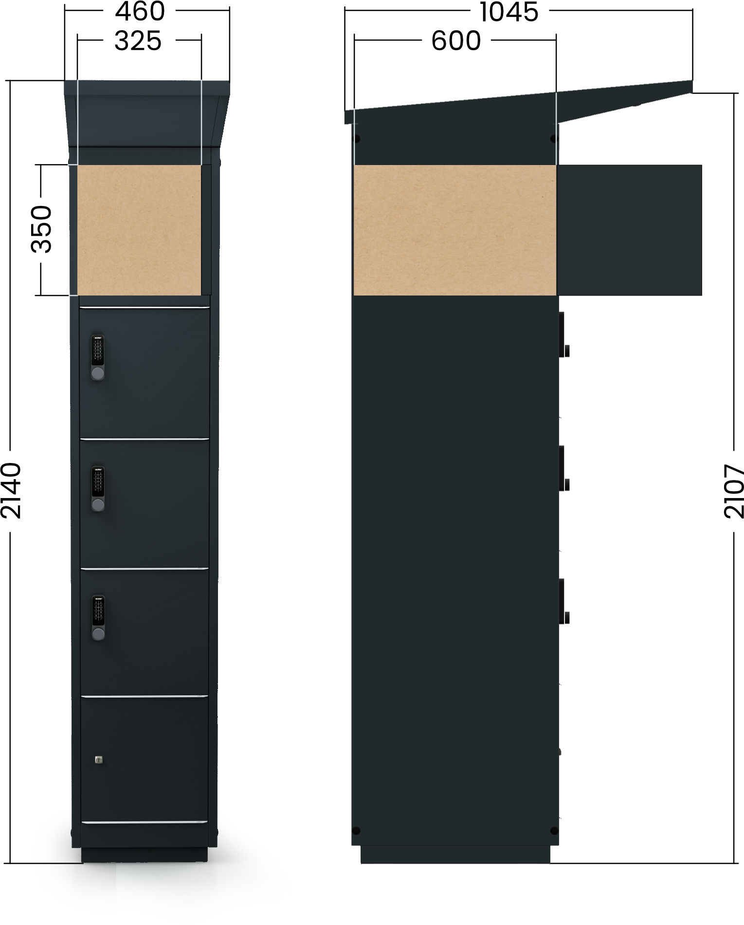 Geöffnete Ladestation mit Steckdosen und Stauraum für E-Bike-Akkus. Geöffnete Ladestation mit Steckdosen und Stauraum für E-Bike-Akkus.