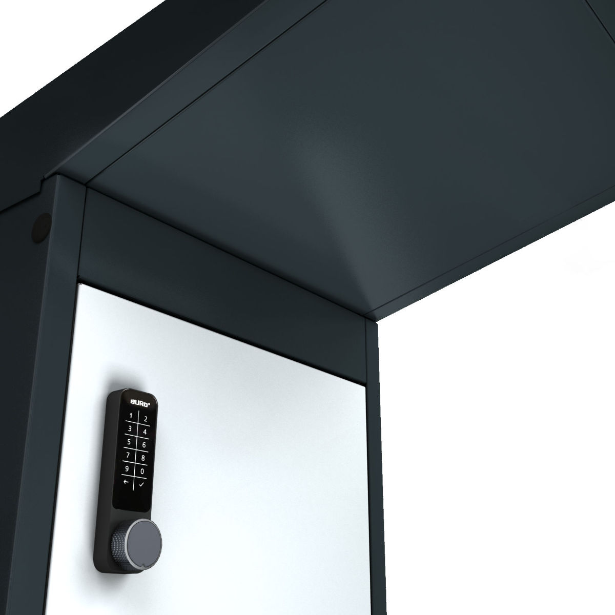 Detail des oberen Teils der Ladestation mit überstehendem Dach, das die Türen vor Regen schützt.