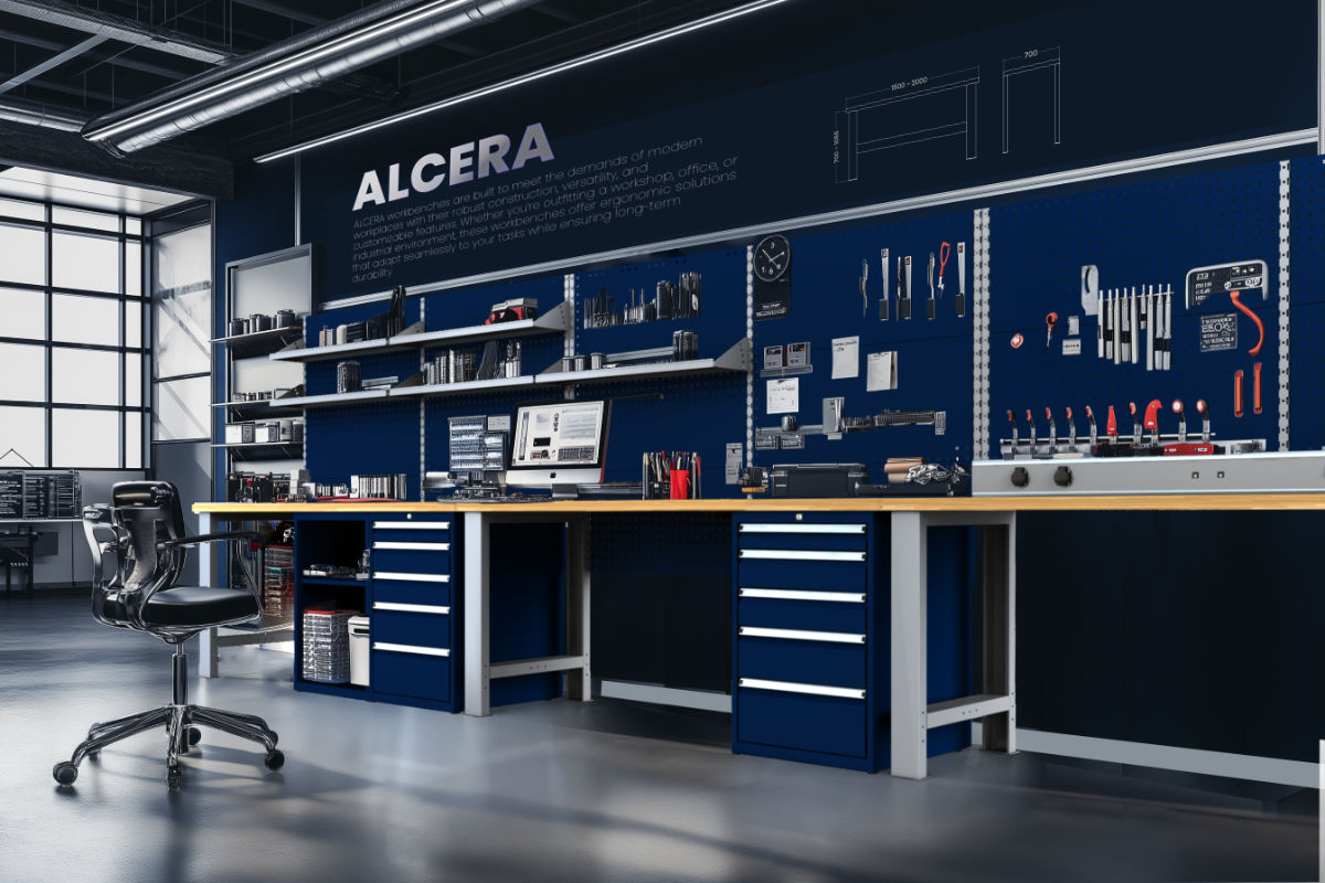 ALCERA-Werktische können mit individuellem Zubehör ausgestattet werden