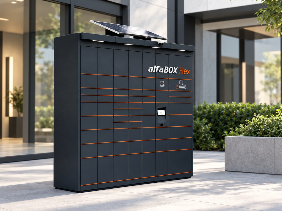 Die autarke Paketstation alfaBOX Flex ermöglicht einen flexiblen Betrieb mit Batterie- oder Solarpanelversorgung.