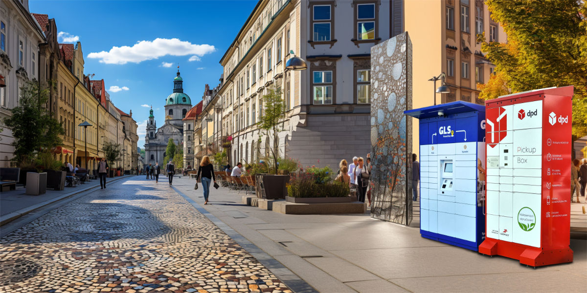 GLS-Terminal-Parcel Box und DPD-Insel-Pickup Box.