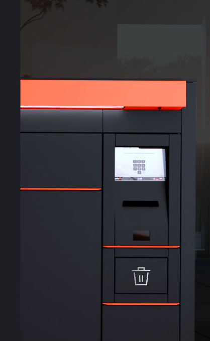 Detailansicht der alfaBOX Paketstation mit orangefarbener LED-Beleuchtung und Touchscreen-Display – ALFA 3 auf der Parcel+Post Expo 2026 in London, Stand E42. Detailansicht der alfaBOX Paketstation mit orangefarbener LED-Beleuchtung und Touchscreen-Display – ALFA 3 auf der Parcel+Post Expo 2026 in London, Stand E42.