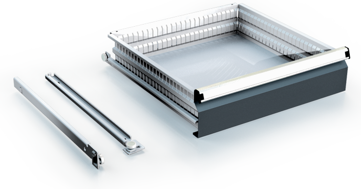 Schubladen sind auf Schubladenauszügen Fulterer mit vier Kugellagern montiert