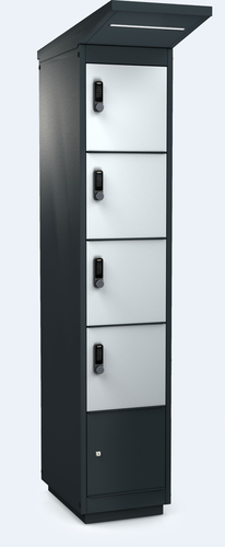 Ladestation für E-Bikes – 4 Nutzerfächer – LED - Moderne ALFA 3 Ladestation für 4 E-Bikes – robuste Außenkonstruktion mit LED-Beleuchtung und sicheren Schlössern