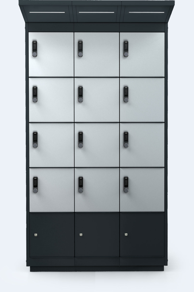 Ladestation für E-Bikes – 12 Fächer – LED - Ladestation für E-Bikes – Außenstahl-Schrank mit abschließbaren Fächern und integrierter LED-Beleuchtung